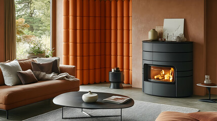Modern living room with a corner fireplace and orange wall panels