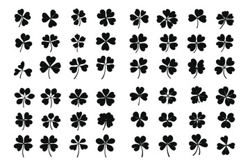 Set of black silhouette clover leaf icons, flat design, vector illustration, white background. Clover silhouette set vector design big pack of shamrock illustration and icon. 
