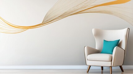 Elegant Beige Armchair and Teal Cushion in Modern Living Room with Gold Abstract Wave Wall Decor