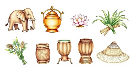 Asian Culture Elephant Lotus Vessels Plants Hats