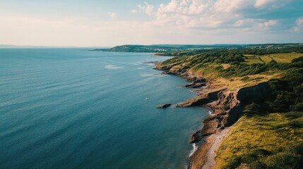 Fototapeta premium Rugged Coastline Meets the Tranquil Sea, Grassy Cliffs Overlooking the Vast Ocean