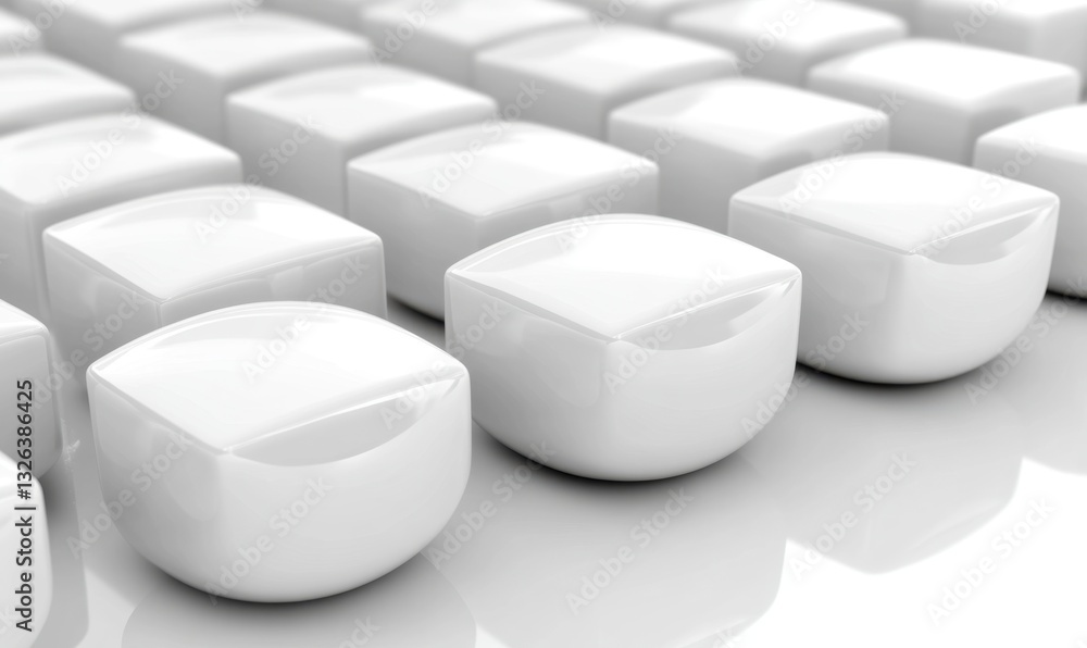 Poster white rounded cubes in rows on reflective surface, ideal for abstract backgrounds