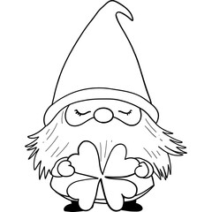 St patricks day Gnome theme, Whimsical gnome holding a four-leaf clover, symbolizing luck and charm. Outline for coloring.
