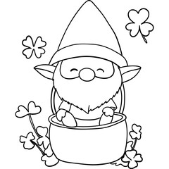 St patricks day Gnome theme, A cheerful gnome sitting in a pot surrounded by clovers, perfect for coloring activities. Outline for coloring.