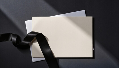 Elegant funeral invitation card with black ribbon set against dark background