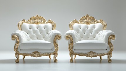 Luxurious white and gold armchairs in ornate design with intricate detailing