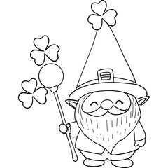 St patricks day Gnome theme, Cheerful gnome holding a staff with clovers, perfect for festive illustrations. Outline for coloring.