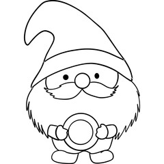 St patricks day Gnome theme, Cute cartoon gnome holding a circular object, wearing a pointed hat and sporting a fluffy beard. Outline for coloring.