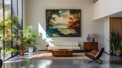 Elegant Interior: Modern Furniture, Artwork, and Lush Plants in Natural Light