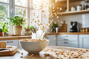 Milk Splashing on Breakfast Cereal in Bright Kitchen Setting