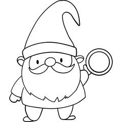 St patricks day Gnome theme, Cheerful cartoon gnome holding a magnifying glass, perfect for coloring pages or children's art. Outline for coloring.