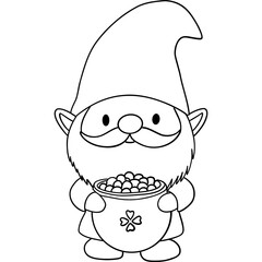 St patricks day Gnome theme, A cute gnome holding a pot of colorful beads, suitable for coloring activities. Outline for coloring.
