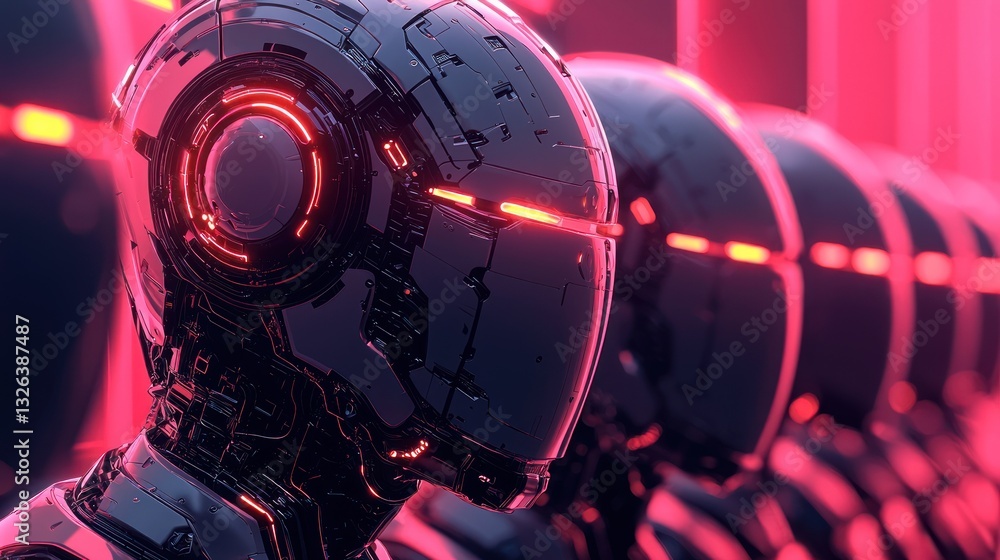 Poster futuristic robots in a row, glowing red lights.