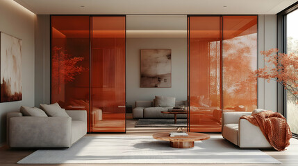 Modern living room with tinted glass sliding partitions