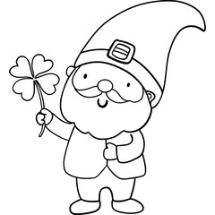 St patricks day Gnome theme, Cheerful gnome holding a four-leaf clover, ideal for festive themes and coloring activities. Outline for coloring.