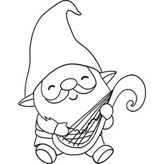 St patricks day Gnome theme, Cheerful gnome playing a harp, designed in a cute cartoon style. Outline for coloring.