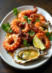 A vibrant oval plate showcasing a colorful variety of seafood, featuring grilled octopus with crispy tentacles, succulent shrimp, and large, glistening oysters, elegantly arranged.