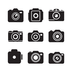  Simple Black Icons set vector of Various Cameras and a Photo Printer
