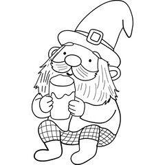 St patricks day Gnome theme, Cheerful gnome holding a mug, wearing a pointed hat and checkered pants. Outline for coloring.