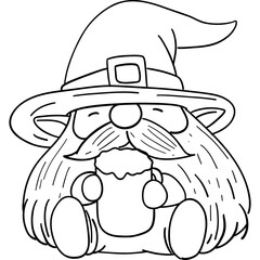 St patricks day Gnome theme, Cheerful gnome in a hat holding a beer mug, ready for a festive celebration. Outline for coloring.