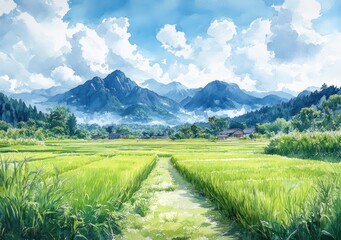 Fototapeta premium Summer Rice Field Landscape in Japan with Mountains and Bright Sky