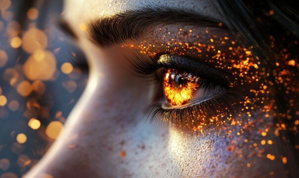 Woman with fiery eyes gazes into blurred lights