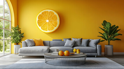 Modern living room with vibrant yellow walls and a citrus theme. Gray sectional sofa, coffee table, and plants