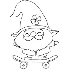St patricks day Gnome theme, Cheerful gnome skateboarding with a clover hat in a playful illustration. Outline for coloring.