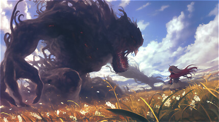 Obraz premium Epic battle between a lone warrior and a giant shadow beast