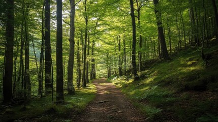 Fototapeta premium Forest Path: A Sun-Dappled Trail Through Lush Green Woodland
