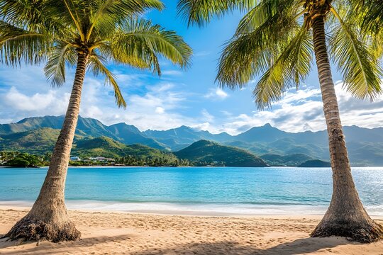 Tropical Beach Paradise, Palm Trees, Turquoise Ocean, and Mountain Views