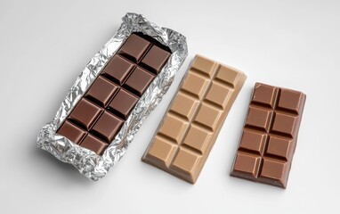 Milk chocolate, dark chocolate, and white chocolate bars on a white surface