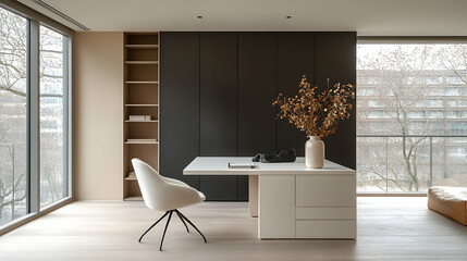 Modern minimalist home office with neutral tones