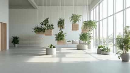 Fototapeta premium Modern spacious interior with hanging and potted plants, large windows, and natural light.
