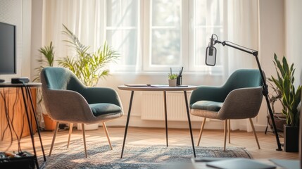 A perfect podcast studio: two comfortable chairs, a stylish table, and a professional microphone setup in a bright, simple space