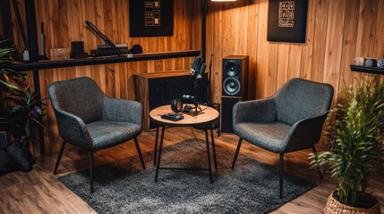 A professional podcast studio with two chairs, a table, microphones, and a speaker, arranged in a cozy yet modern setting