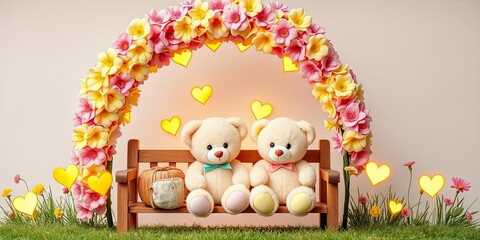 Romantic Teddy Bears on Bench Flower Arch Love Spring