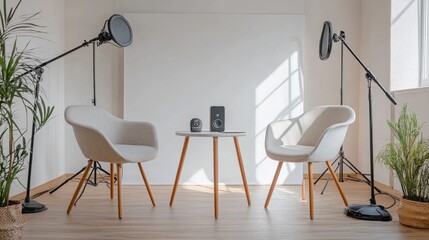Clean and simple podcast studio with a white backdrop, two elegant chairs, a small table, microphones, and a compact speaker