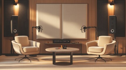 Contemporary podcast room with two designer chairs, a round table, two microphones, and a speaker, set against a neutral backdrop.
