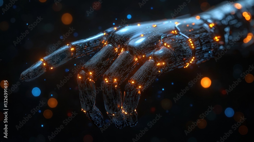 Poster close-up of a metallic robotic hand with glowing joints against a dark bokeh background.
