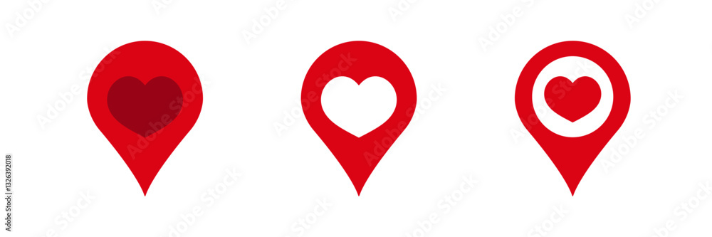 Poster three location pins feature heart shapes, representing love and affection in mapping environments.