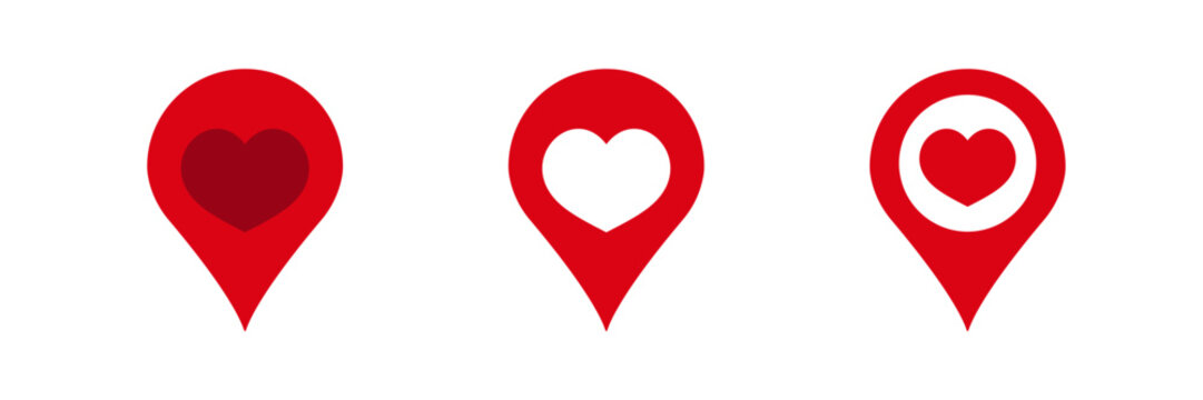 Three location pins feature heart shapes, representing love and affection in mapping environments.