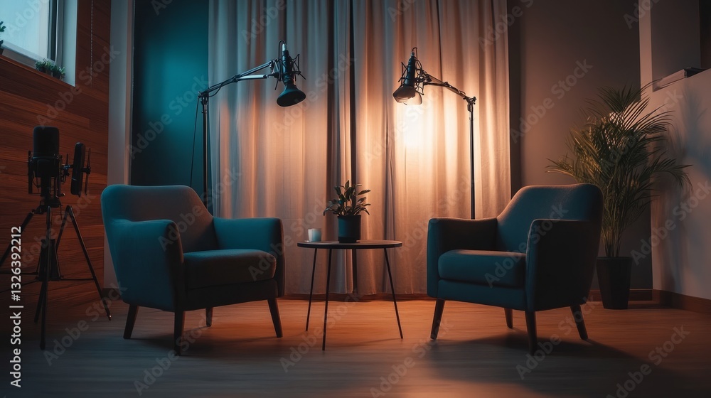 Poster minimalist interview setup with two armchairs, a small table, and a high-quality microphone arrangem