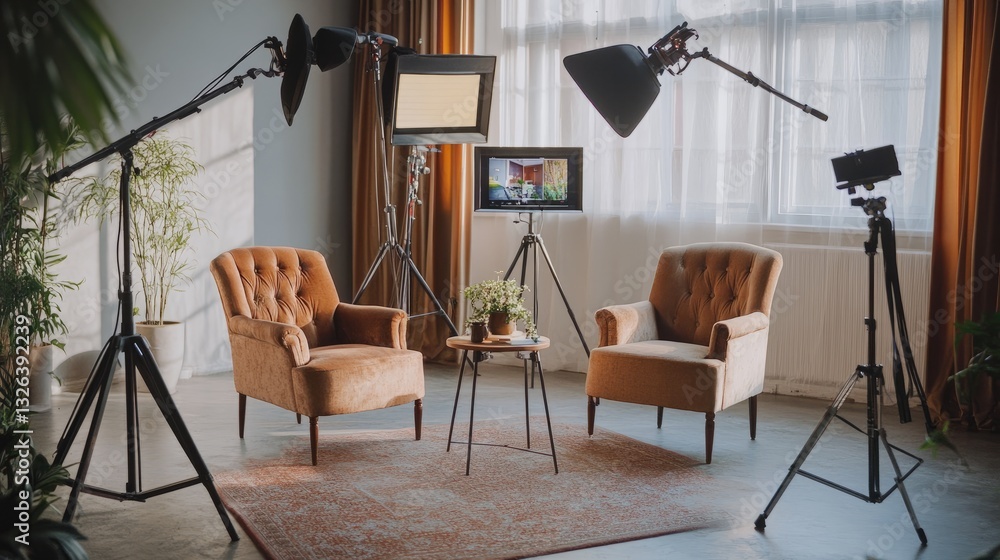 Poster minimalist interview setup with two armchairs, a small table, and a high-quality microphone arrangem