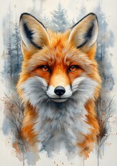 Obraz premium Watercolor Painting of a Fluffy Red Fox in a Gray Blue Frosty Winter Background