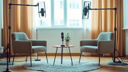 Minimalist interview setup with two armchairs, a small table, and a high-quality microphone arrangement in a well-lit studio