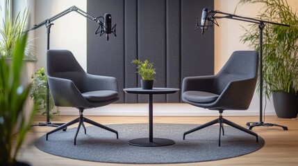 Professional interview space with two stylish chairs, a compact table, and microphones, set in a bright minimalist studio