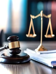Justice system represented through gavel, scales, and legal document in a courtroom setting