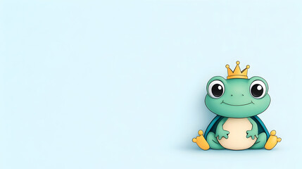 Cute cartoon frog prince sits, pastel background