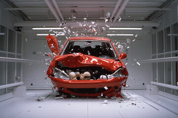 Crash test of a red passenger car in a lab setting.